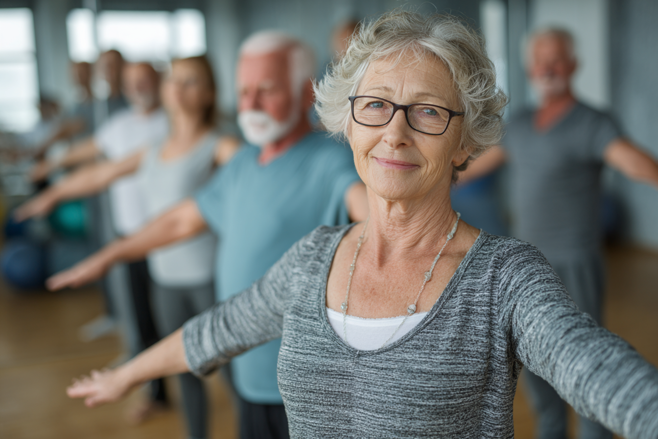 Възрастни хора се упражняват заедно